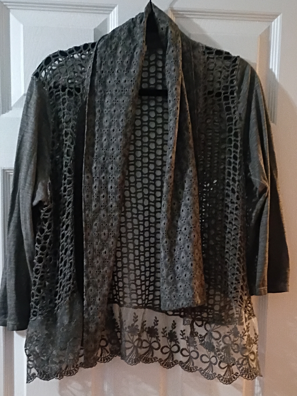 Gray Open Crochet-Trim Cardigan